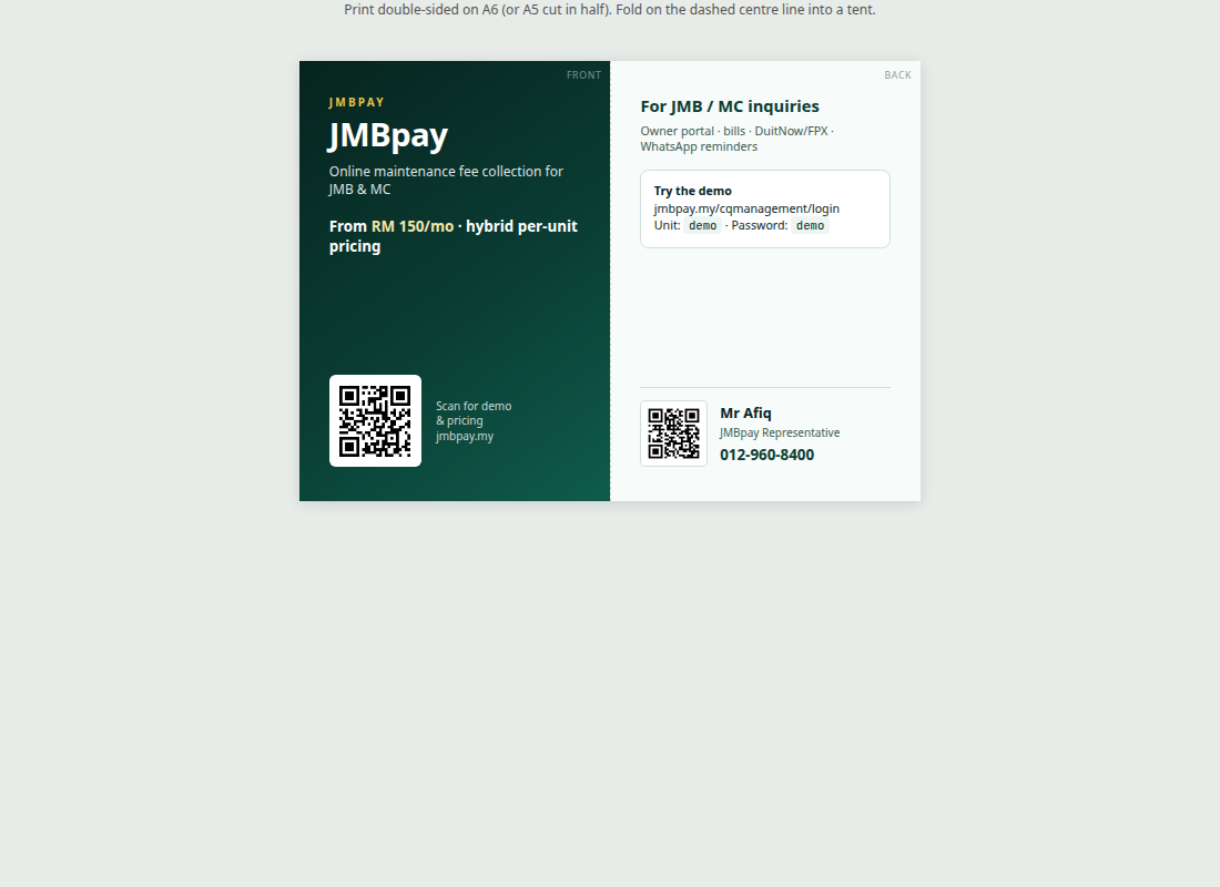 JMBpay COB tent card preview