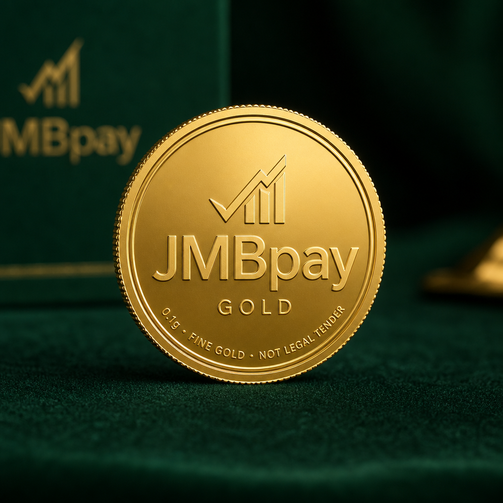 JMBpay 0.1g fine gold commemorative coin on forest green presentation